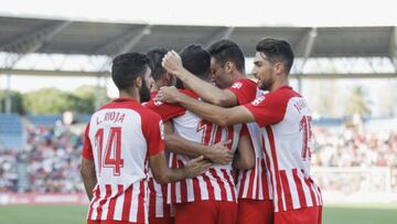 Los jugadores del Almer&iacute;a celebran el gol ante el M&aacute;laga.