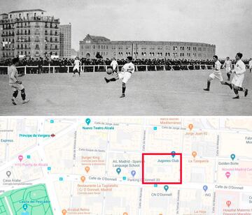 El nuevo campo del Madrid fue inaugurado a finales de 1912. Estaba ubicado entre las calles de O'Donnell, Narváez, Fernán González y Duque de Sesto. El club alquilaba los terrenos a Laureano García Camisón por 1.000 pesetas al año (6 euros). El campo necesitaba algo de obra, que fue llevada a cabo por simpatizantes del equipo, entre ellos estaba Santiago Bernabéu. En 1914 se añadió una tribuna de madera para las personalidades de la época que más tarde formaría parte del Estadio Chamartín. En la imagen, un momento de un partido en el estadio de O'Donnell y el mapa de dónde estaría en la actualidad. 


 