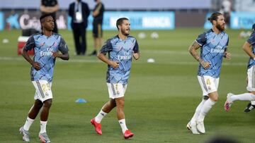 Vinicius, Hazard y Sergio Ramos, durante un entrenamiento del Real Madrid.
