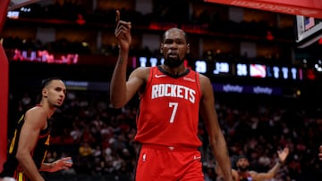 Houston Rockets forward Kevin Durant (7) reacts after making a basket against the Atlanta Hawks during the first quarter at Toyota Center.