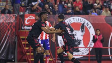 Kevin Castaneda celebrates his goal 2-1 with Jose Zuniga of Tijuana during the 15th round match between Tijuana and Atletico San Luis as part of the Liga BBVA MX, Torneo Clausura 2025 at Caliente Stadium, on April 10, 2025 in Tijuana, Baja California, Mexico.