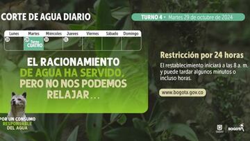 Este martes 29 de octubre el turno de racionamiento será para el número cuatro en la capital colombiana.