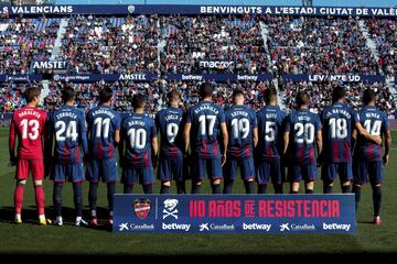 Con motivo de la celebración del Día Internacional de la Mujer, en los prolegómenos del encuentro ante el Granada, los jugadores del Levante saltaron al césped del Ciutat de Valencia con las camisetas serigrafiadas de las futbolistas del equipo femenino del club granota, para homenajear a sus compañeras y a todas las mujeres.