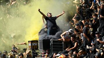 LOS ANGELES, CA - OCTOBER 30: Fans of Los Angeles FC celebrate after a goal during the second of the Western Conference Finals of the 2022 MLS Cup Playoffs at Banc of California Stadium on October 30, 2022 in Los Angeles, California.