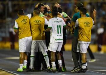 El banquillo del Chapecoense celebra la victoria del Chapecoense ante el Zulia junto a su entrenador Vagner Mancini.