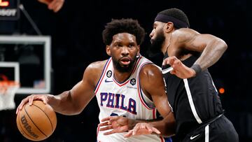 NEW YORK, NEW YORK - APRIL 20: Joel Embiid #21 of the Philadelphia 76ers dribbles against Royce O'Neale #00 of the Brooklyn Nets during the second half of Game Three of the Eastern Conference First Round Playoffs at Barclays Center on April 20, 2023 in the Brooklyn borough of New York City. The 76ers won 102-97. NOTE TO USER: User expressly acknowledges and agrees that, by downloading and or using this photograph, User is consenting to the terms and conditions of the Getty Images License Agreement. Sarah Stier/Getty Images/AFP (Photo by Sarah Stier / GETTY IMAGES NORTH AMERICA / Getty Images via AFP)