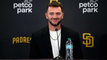 SAN DIEGO, CALIFORNIA - APRIL 02: Jackson Merrill #3 of the San Diego Padres speaks to the media after announcing a contract extension before the game against the Cleveland Guardians at Petco Park on April 02, 2025 in San Diego, California. Orlando Ramirez/Getty Images/AFP (Photo by Orlando Ramirez / GETTY IMAGES NORTH AMERICA / Getty Images via AFP)