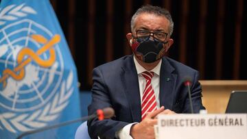 This handout picture taken and released by the World Health Organization on October 5, 2020 shows World Health Organization (WHO) Director-General Tedros Adhanom Ghebreyesus wearing a protective face mask attending a WHO executive board holds special sess