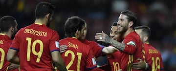 Spain celebrate their third goal