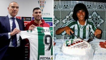 Reyes, con Luis Oliver en su presentación como jugador del Córdoba, y con la camiseta del Betis celebrando su 13º cumpleaños.