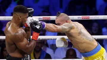 Ukraine's Oleksandr Usyk (R) and Britain's Anthony Joshua (L) compete during the heavyweight boxing rematch for the WBA, WBO, IBO and IBF titles, at the King Abdullah Sports City Arena in the Saudi Red Sea city of Jeddah, on August 20, 2022.