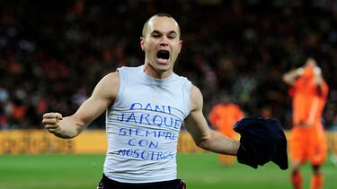 JOHANNESBURG, SOUTH AFRICA - JULY 11: Andres Iniesta of Spain celebrates scoring his side's first goal during the 2010 FIFA World Cup South Africa Final match between Netherlands and Spain at Soccer City Stadium on July 11, 2010 in Johannesburg, South Africa. (Photo by Jamie McDonald/Getty Images)