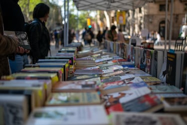 Puestos de libros, durante la Diada de Sant Jordi 2025.