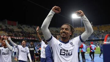 TANGER MED, MOROCCO - FEBRUARY 07: Andre Carrillo of Al Hilal celebrates after the team's victory during the FIFA Club World Cup Morocco 2022 Semi Final match between Flamengo v Al Hilal SFC at Stade Ibn-Batouta on February 07, 2023 in Tanger Med, Morocco. (Photo by Alex Grimm - FIFA/FIFA via Getty Images)