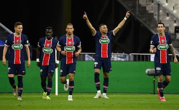 Paris Saint-Germain's French forward Kylian Mbappe ( 2nd- R) celebrates scoring his team's second goal during the French Cup final football match between Paris Saint-Germain and Monaco at the Stade de France stadium, in Saint-Denis, on the outskirts of Pa