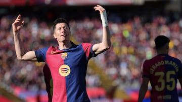 Barcelona's Polish forward #09 Robert Lewandowski celebrates scoring his team's second goal during the Spanish league football match between FC Barcelona and Girona FC at the Estadi Olimpic Lluis Companys in Barcelona on March 30, 2025. (Photo by LLUIS GENE / AFP)