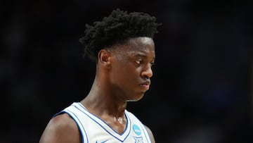 PORTLAND, OREGON - MARCH 19: AJ Dybantsa #3 of the BYU Cougars walks across the court against the Texas Longhorns during the first half in the first round of the 2026 NCAA Men's Basketball Tournament at Moda Center on March 19, 2026 in Portland, Oregon. Soobum Im/Getty Images/AFP (Photo by Soobum Im / GETTY IMAGES NORTH AMERICA / Getty Images via AFP)