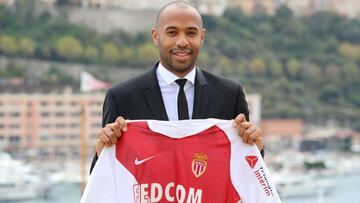 Thierry Henry, new coach of the football club of Monaco, poses as part of a press conference in Monaco, on October 17, 2018. (Photo by Valery HACHE / AFP)