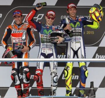 Marc Márquez, Jorge Lorenzo y Valentino Rossi. 