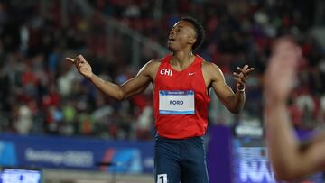 SANTIAGO, CHILE-OCT 31: Santiago Ford de Chile, compite en la prueba de decatlon masculino de 1500m, durante los Juegos Panamericanos Santiago 2023 en el Coliseo del Estadio Nacional Julio Martínez, el 31 de Octubre en Santiago, Chile. / Santiago Ford of Chile, competes in the men's decathlon 1500m, during the Santiago 2023 Pan American Games at the Julio Martínez National Stadium Coliseum, on October 31 in Santiago, Chile.
(Foto de Alejandro Pagni/Santiago 2023 via Photosport).