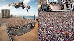 A la izquierda,Tony Hawk en primer plano volando sobre el halfpipe instalado en Barcelona en 2010 para su exhibici&oacute;n; y a la derecha, el p&uacute;blico con el Vert al fondo. 