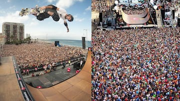 A la izquierda,Tony Hawk en primer plano volando sobre el halfpipe instalado en Barcelona en 2010 para su exhibici&oacute;n; y a la derecha, el p&uacute;blico con el Vert al fondo. 