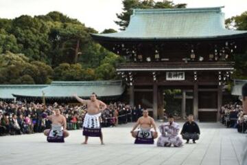 Los dos luchadores que compiten bajo los nombres de Yokozuna Kakuryu y Harumafuji son originarios de Mongolia. La ceremonia de ingreso al ring en la que se hace una ofrenda a los dioses sintoístas dura dos minutos.