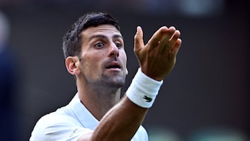 Novak Djokovic celebra su triunfo ante Jordan Thompson en Wimbledon.