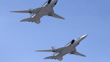 FILE PHOTO: Russian Tu-22M3 bombers fly in formation during a rehearsal for a flypast, part of a military parade marking the anniversary of the victory over Nazi Germany in World War Two, in central Moscow, Russia May 7, 2022. REUTERS/Maxim Shemetov/File Photo
