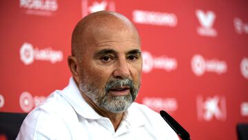 New Sevilla FC coach Jorge Sampaoli speaks during his presentation in Seville on October 7, 2022. - Argentine Jorge Sampaoli returns to Sevilla after being named on October 6, 2022 as the replacement for axed coach Julen Lopetegui. (Photo by CRISTINA QUICLER / AFP)