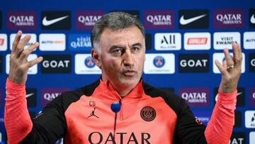 Paris Saint-Germain's French head coach Christophe Galtier delivers a press conference in Saint-Germain-en-Laye, on the outskirts of Paris, on October 14, 2022, two days ahead of the L1 football match against Marseille. (Photo by FRANCK FIFE / AFP) (Photo by FRANCK FIFE/AFP via Getty Images)