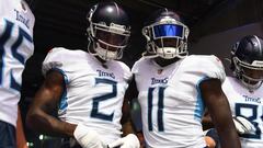 Sep 12, 2021; Nashville, Tennessee, USA; Tennessee Titans wide receiver Julio Jones (2) and Tennessee Titans wide receiver A.J. Brown (11) before the game against the Arizona Cardinals at Nissan Stadium. Mandatory Credit: Christopher Hanewinckel-USA TODAY