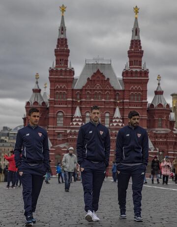 Sevilla players pose on Moscow's Red Square in front of the State Historical Museum.