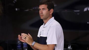 Boston Celtics&#039; Brad Stevens on during the second half of an NBA basketball game =against the Memphis Grizzlies Tuesday, Aug. 11, 2020, in Lake Buena Vista, Fla. (AP Photo/Mike Ehrmann, Pool)