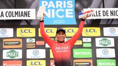 Nairo Quintana celebra la victoria de la &uacute;ltima etapa de la Par&iacute;s - Niza.