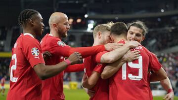 LINZ, AUSTRIA - MARCH 24: Team Austria celebrate the goal to 4:1 during the UEFA EURO 2024 qualifying round group F match between Austria and Azerbaijan at Raiffeisen Arena on March 24, 2023 in Linz, Austria. (Photo by Guenther Iby/SEPA.Media /Getty Images)