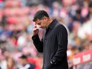 GIRONA, 08/11/2025.- Míchel, entrenador del Girona FC, durante el partido de Liga Primera División entre el Girona FC - Alavés, este sábado en el estadio municipal de Montilivi. EFE/David Borrat.