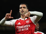 Arsenal's Spanish midfielder #23 Mikel Merino celebrates scoring the opening goal during the English Premier League football match between Arsenal and Brentford at the Emirates Stadium in London on December 3, 2025. (Photo by Adrian Dennis / AFP) / RESTRICTED TO EDITORIAL USE. No use with unauthorized audio, video, data, fixture lists, club/league logos or 'live' services. Online in-match use limited to 120 images. An additional 40 images may be used in extra time. No video emulation. Social media in-match use limited to 120 images. An additional 40 images may be used in extra time. No use in betting publications, games or single club/league/player publications. /