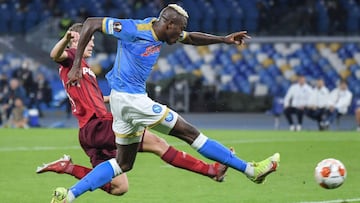 (FILES) In this file photo taken on October 21, 2021 Napoli&#039;s Nigerian forward Victor Osimhen shoots to score the second goal during the UEFA Europa League Group C Football match between Napoli and Legia Warsaw on October 21, 2021 at the Diego-Marado