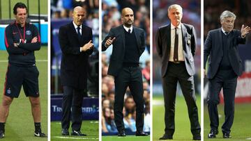 Unai Emery, Zinedine Zidane, Pep Guardiola, Jose Mourinho y Carlo Ancelotti.