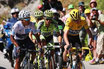 MODANE VALFREJUS, FRANCE - JULY 25:  (L-R) Nairo Quintana of Colombia and Movistar Team, Alberto Contador of Spain and Tinkoff-Saxo and Chris Froome of Great Britain and Team Sky ride up the Alpe d'Huez during the twentieth stage of the 2015 Tour de France, a 110.5 km stage between Modane Valfrejus and L'Alpe d'Huez on July 25, 2015 in Modane Valfrejus, France.  (Photo by Bryn Lennon/Getty Images)