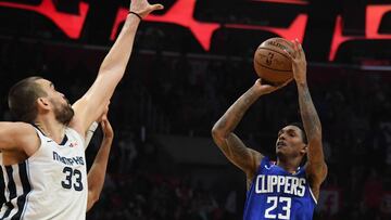 Nov 23, 2018; Los Angeles, CA, USA; LA Clippers guard Lou Williams (23) shoots against Memphis Grizzlies center Marc Gasol (33) in the fourth quarter at Staples Center. Mandatory Credit: Richard Mackson-USA TODAY Sports