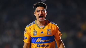   Nicolas Ibanez celebrates his goal 3-0 of Tigres during the Quarterfinals second leg match between Tigres UANL and Puebla as part of Torneo Apertura 2023 Liga BBVA MX, at Universitario Stadium, December 03, 2023, in Monterrey Nuevo Leon, Mexico.