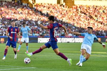 Barcelona's Portuguese forward #14 Joao Felix kicks the ball during the Spanish Liga football match between FC Barcelona and RC Celta de Vigo at the  at the Estadi Olimpic Lluis Companys in Barcelona on September 23, 2023. (Photo by Pau BARRENA / AFP)