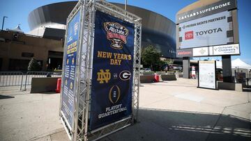 NEW ORLEANS, LOUISIANA - JANUARY 01: A sign for the Allstate Sugar Bowl between Georgia and Notre Dame is seen outside the Louisiana Superdome after at least ten people were killed on Bourbon Street when a person allegedly drove into a crowd in the early morning hours of New Year's Day on January 1, 2025 in New Orleans, Louisiana. Dozens more were injured after a suspect in a rented pickup truck allegedly drove around barricades and through a crowd of New Year's revelers on Bourbon Street. The suspect then got out of the car, opened fire on police officers, and was subsequently killed by law enforcement. Chris Graythen/Getty Images/AFP (Photo by Chris Graythen / GETTY IMAGES NORTH AMERICA / Getty Images via AFP)