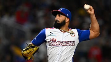 Domonican Republic's pitcher #17 Williams Jerez throws the ball during the Serie del Caribe baseball match between Venezuela and the Dominican Republic at LoanDepot Park in Miami, Florida, on February, 1, 2024. (Photo by CHANDAN KHANNA / AFP)