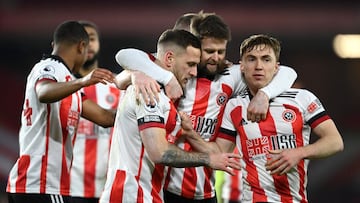 12 January 2021, England, Sheffield: Sheffield United&#039;s Billy Sharp celebrates scoring his side&#039;s first during the English Premier League soccer match between Sheffield United and Newcastle United at Bramall Lane. Photo: Stu Forster/PA Wire/dpa
