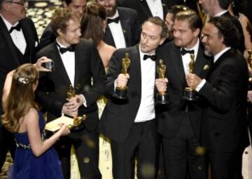 De izquierda a derecha, Brie Larson, Laszlo Nemes, Emmanuel Lubezki, Leonardo DiCaprio y Alejandro G. Iñárritu.