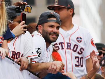 HOUSTON, TX - NOVEMBER 03: Jose Altuve of the Houston Astros looks out at the crowd during the Houston Astros Victory Parade on November 3, 2017 in Houston, Texas. The Astros defeated the Los Angeles Dodgers 5-1 in Game 7 to win the 2017 World Series.   Bob Levey/Getty Images/AFP
 == FOR NEWSPAPERS, INTERNET, TELCOS &amp; TELEVISION USE ONLY ==