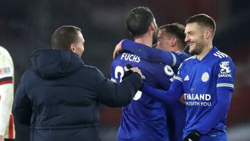 SHEFFIELD, ENGLAND - DECEMBER 06: Brendan Rodgers, Manager of Leicester City celebrates victory with Jamie Vardy of Leicester City following the Premier League match between Sheffield United and Leicester City at Bramall Lane on December 06, 2020 in Sheff
